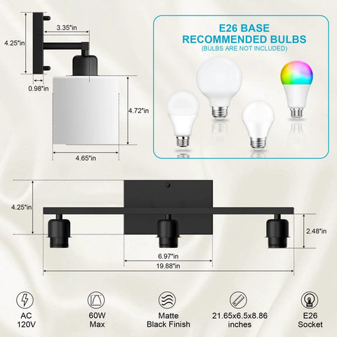 Dimensions and specifications of Three Light Matte Black Vanity Light Fixture Over Mirror With Milky White Glass Shades Anti Rust Wall Sconces.