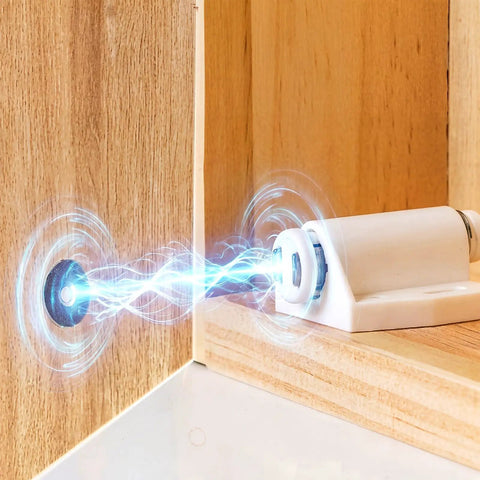 10 Pack Magnetic Touch Latch Set For Push To Open Cabinet Doors, white latch with magnetic field effect on wooden cabinet