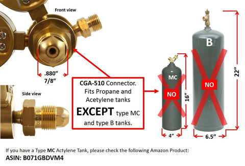 SÜA welding gas regulator pair with CGA-510 connectors; brass rear-entry for propane/acetylene tanks (not MC or B).