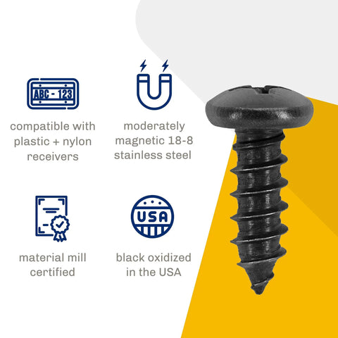 Black Oxidized 18-8 Stainless Steel License Plate Screws Pack Of 4 For Rustproof Security And Saltwater Resistance with product specs