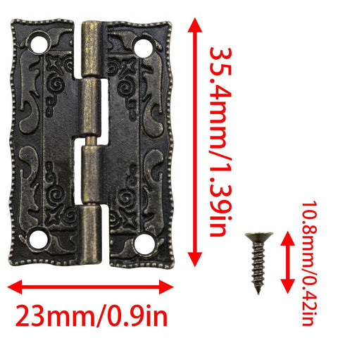 Bronze Antique Miniature Hinge Set For Craft Projects Six Pack Tiny Hinges with screws for retro style boxes, size 1.38 x 0.9 inches.
