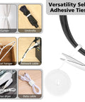 White Cable Management Organizer Kit For Desk TV And PC showing self-adhesive ties with various uses like curtains and cables