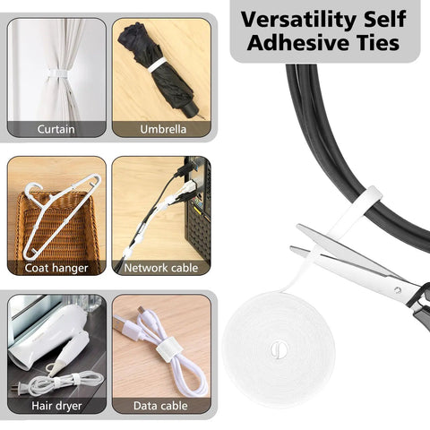 White Cable Management Organizer Kit For Desk TV And PC showing self-adhesive ties with various uses like curtains and cables