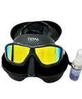 Low Volume Freedive Mask For Freediving, Spearfishing, And Snorkeling With Anti Fog Lens, 180 Degree Panoramic Vision, Ultra Clear View, Black Frame With Tinted Lens, shown with anti-fog spray and travel case.
