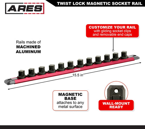 Fifteen And A Half Inch Magnetic Socket Rail Kit With Twist Lock Aluminum Holder For SAE And Metric Sockets Holds Twelve Per Rail