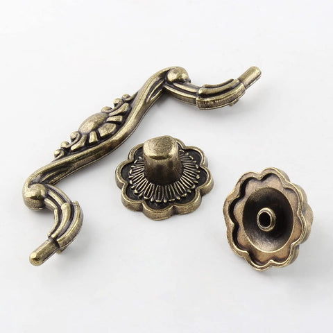 Six Piece Set Of Vintage Drop Bail Drawer Pulls In Antique Bronze Finish, 3 Inch Hole Spacing And 4 Inch Total Length, Zinc Alloy, components shown
