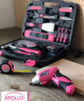 Pink 135 Piece Home DIY Tools Set with pivoting dual angle 3.6V lithium ion cordless screwdriver and tape measure