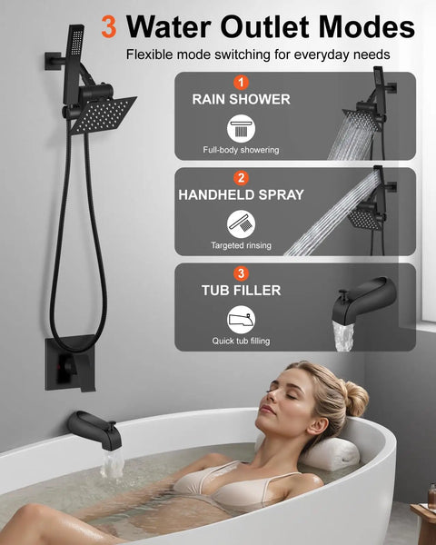 Top Drawer Matte Black Shower Tub Faucet Set With Handheld Six Inch Rain Showerhead And Slick Wall Mount Bathroom Plumbing Kit For Quick Home Makeovers