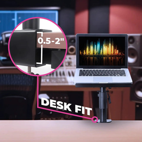 Ergonomic Laptop Desk Mount For Piano Keyboard And DJ Setups, 9x12.5 Inch Adjustable Arm Mount behind studio desk, 0.5-2 inch fit