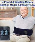 Man using Cordless Back Massager Belt With Red Light Therapy For Pain Relief, 5 Heating Levels, 3 Vibration Modes, 4 Motors, Battery Powered, Blue.