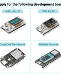 Various development boards including WiFi LoRa 32, WiFi Kit 32, CubeCell Dev-Board, and Wireless Tracker for tech projects.