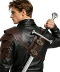 Back view of Two In One Medieval Shoulder Armor With Back Sword Frog Holder Pauldrons And Sword Holster For Knight LARP Cosplay Renaissance Prop