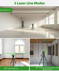 Self Leveling Green Cross Line Laser Level With 360 Degree Horizontal Beam And 140 Degree Vertical Plumb Dots showcasing 3 laser line modes in a room setup.