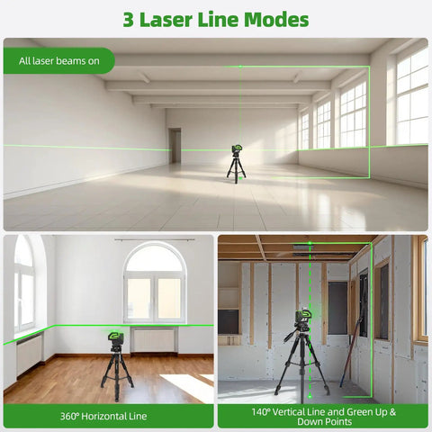 Self Leveling Green Cross Line Laser Level With 360 Degree Horizontal Beam And 140 Degree Vertical Plumb Dots showcasing 3 laser line modes in a room setup.