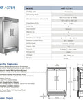 Heavy Duty Commercial Freezer Two Door Upright Reach In Stainless Steel NSF Certified 47 Cubic Feet dual section with LED panels.