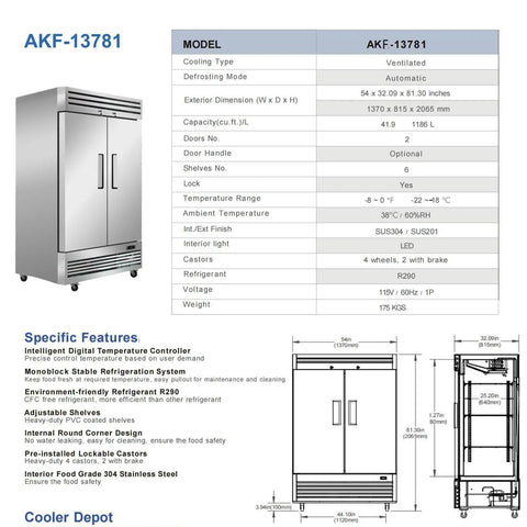 Heavy Duty Commercial Freezer Two Door Upright Reach In Stainless Steel NSF Certified 47 Cubic Feet dual section with LED panels.