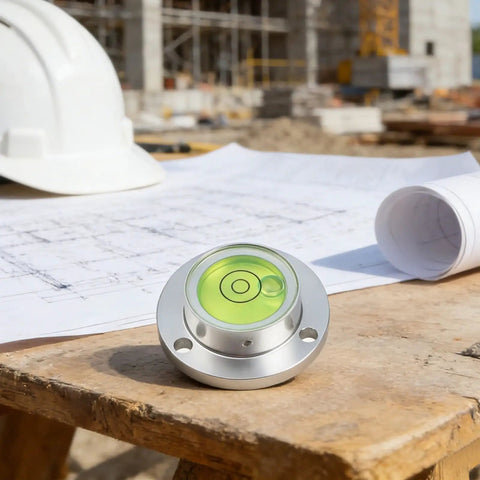 Small Horizontal Bubble Level on construction site with plans, featuring round design and high sensitivity bubble vial.