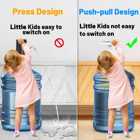 Child using Water Bottle Pump Dispenser For 5 Gallon Jugs With Manual Pump, Automatic Drinking Mode, secured push mechanism