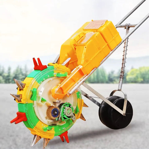 Hand Push Garden Seeder with Metal Roller and 4 Stainless Steel Discs, dual storage buckets in outdoor setting