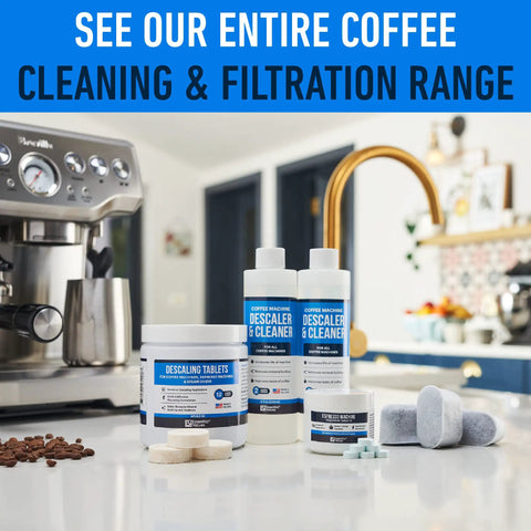 Coffee machine with cleaning products including descaling tablets and cleaner bottles on a kitchen counter.