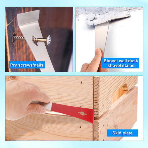 Two Pack Beefy Stainless Steel Pry Bars Set with Nail Puller and Angled Edges used for prying, scraping, and DIY tasks