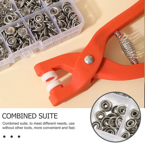 Snap Button Installation Tool Kit With Storage Box For Press Fasteners, Pro-Grade Five-Claw Snap Plier Set With Open-Ring Snaps, orange pliers with metal snaps in storage box