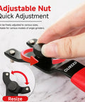 Universal Adjustable Pin Wrench For Angle Grinders With Lock Nut Grip Seven Point Five Inch Overall Length Fits From Three Eighths Inch To One And One Sixteenth Inch Hubs Rubber Dipped Handle For Comfort Replacement Tool For Angle Grinders Benches And being adjusted by hand, showing the adjustable nut and grip.