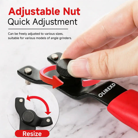Universal Adjustable Pin Wrench For Angle Grinders With Lock Nut Grip Seven Point Five Inch Overall Length Fits From Three Eighths Inch To One And One Sixteenth Inch Hubs Rubber Dipped Handle For Comfort Replacement Tool For Angle Grinders Benches And being adjusted by hand, showing the adjustable nut and grip.