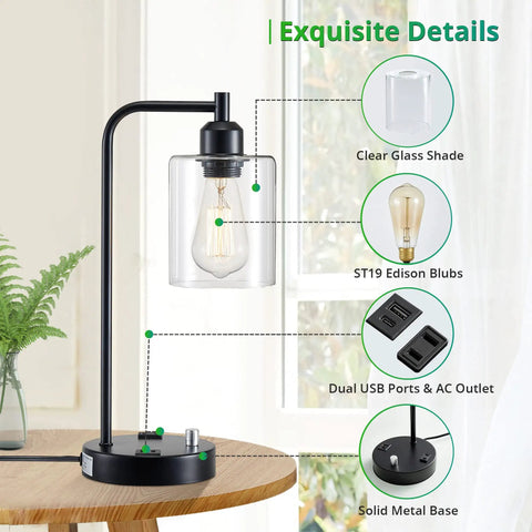 Industrial Table Lamps Set Of 2 With USB Ports And AC Outlet Fully Dimmable Bedside Lamps With Glass Shade and Edison Bulb