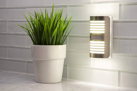 Plug In LED Motion Sensor Night Light With 40 Lumens And Motion Select For Boost Or Activation Dusk To Dawn Auto On Detects Motion Up To 25 Feet Brushed Nickel Louver Finish Great For Hallways And Desks 1 Pack