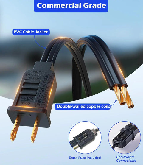 Close-up of heavy duty waterproof outdoor string lights cable with PVC jacket, double-walled copper coils.