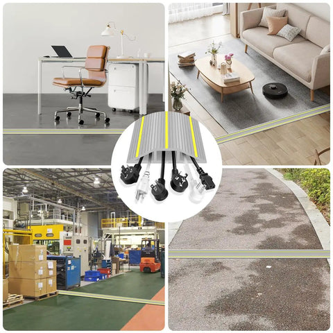 Heavy Duty Ten Foot Floor Cord Cover With 3 Channel PVC Cable Protector used indoors and outdoors in office, home, and workshop settings.