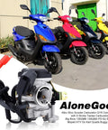Image of GY6 50Cc Carburetor Big Bore 18Mm for 139QMB 139QMA Engines with colorful scooters in background.