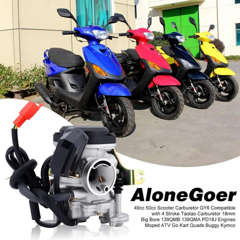 Image of GY6 50Cc Carburetor Big Bore 18Mm for 139QMB 139QMA Engines with colorful scooters in background.