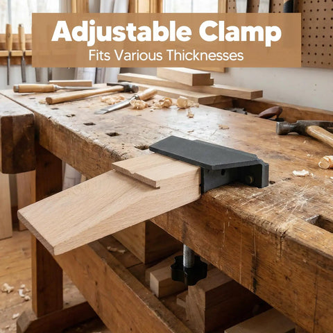 Wooden Bench Pin for Jewelry Making and DIY Projects, installed on workbench with adjustable clamp in craft room.