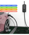 Hella Fast Portable EV Charger With Slick Wall Mount Build And Smart App Control Delivers Heavy Duty 7KW 32A Level 2 Charging For NACS Tesla Or Type 1 Type 2 Cars No Sweat On Road Trips, connected to a pink car with real-time charge info displayed.