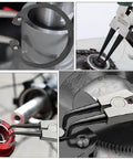 4 Pack 9 Inch Snap Ring Pliers Set Beefy Heavy Duty Internal External Circlip Pliers Kit With Straight And Bent Jaw Spring Loaded Precision For Ring Remover And Retaining Rings Green Handles in use, showing detailed close-up of pliers in action removing and installing retaining rings in machinery.