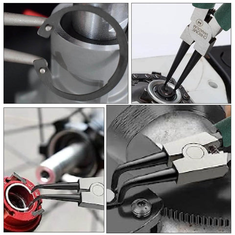 4 Pack 9 Inch Snap Ring Pliers Set Beefy Heavy Duty Internal External Circlip Pliers Kit With Straight And Bent Jaw Spring Loaded Precision For Ring Remover And Retaining Rings Green Handles in use, showing detailed close-up of pliers in action removing and installing retaining rings in machinery.