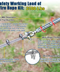 Image showing 1/4 inch stainless steel cable with 5/16 turnbuckles and clamps, labeled safety working load of 2100 lbs.