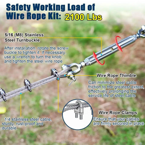Image showing 1/4 inch stainless steel cable with 5/16 turnbuckles and clamps, labeled safety working load of 2100 lbs.