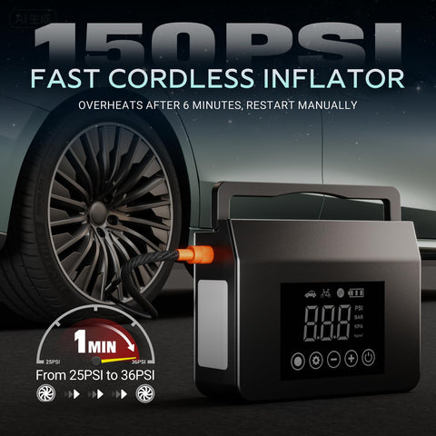150 PSI tire inflator from 4000A Jump Starter With Air Compressor, 12V Car Battery Charger, 15000mAh Power Bank, LED Flashlight