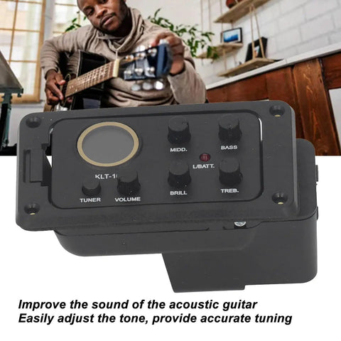 4 Band EQ Preamp For Acoustic Guitar With Piezo Pickup And Built In Tuner LCD Display and guitarist in background