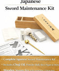 All In One Blade Cleaning And Maintenance Kit For Japanese Sword Care with choji oil, uchiko ball, rice paper, and brass hammer.