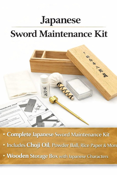 All In One Blade Cleaning And Maintenance Kit For Japanese Sword Care with choji oil, uchiko ball, rice paper, and brass hammer.