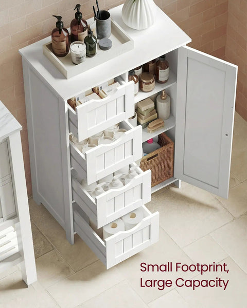 Top view of No Fuss Freestanding Storage Cabinet With Drawers And Door, 4 Drawer Organizer With Adjustable Shelf, Cloud White in use