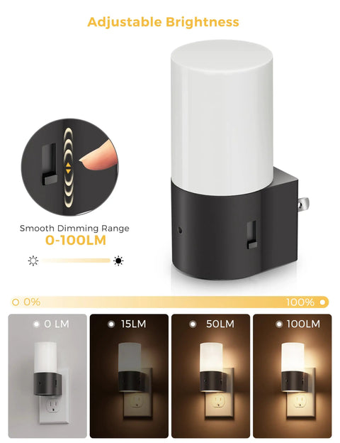 Two Pack Plug In Night Light With Dusk To Dawn Auto On Off, Soft White 3000K Cozy Glow, Rustic Black Frame, adjustable brightness