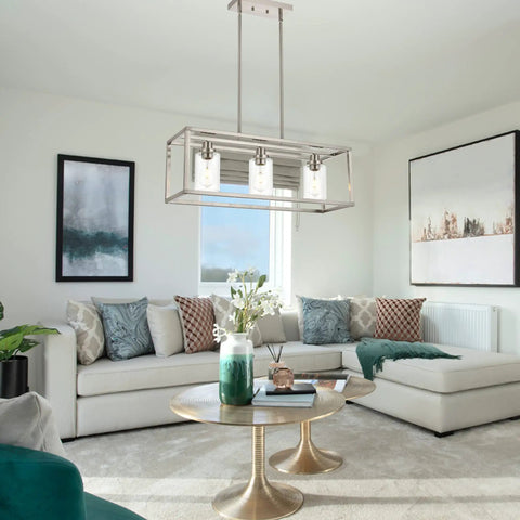 Living room with Rectangle Chandelier With 3 Lights In Brushed Nickel Finish, showcasing modern ceiling light and clear glass shade.