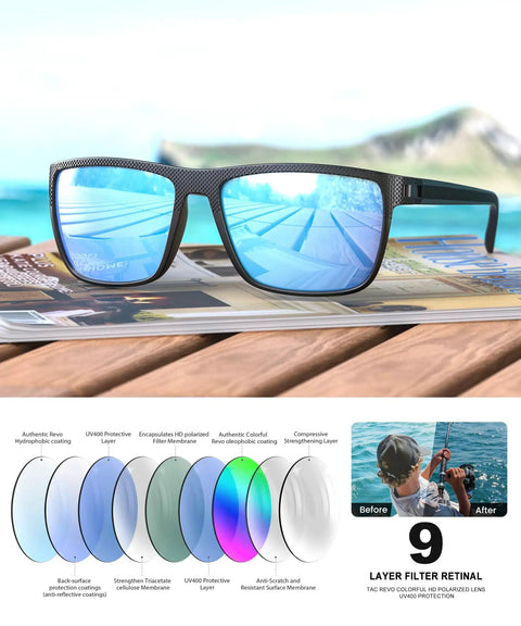 Polarized Square Sunglasses For Men And Women, UV Protection, Classic Black Frame with blue mirror lenses on table near lake