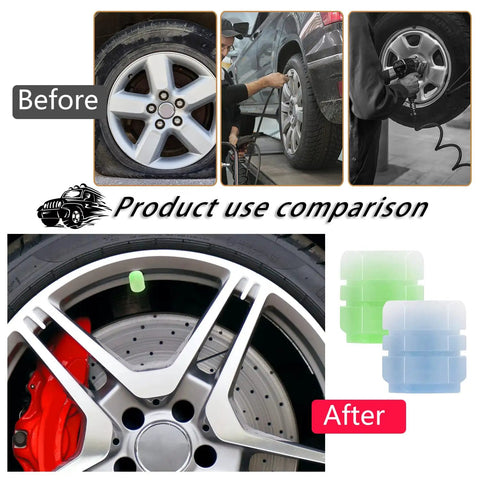 Before and after installation of Glow In The Dark Tire Valve Caps 8 Pack Blue And Green Universal Fit For Cars SUVs Trucks Motorcycles