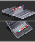 40 Pc PCB Drill Bit Set From 0.1mm To 3.0mm Micro Drill Bits With Spiral Flute Carbide For PCB Engraving CNC Jewelry Metal Stone Crafting Includes Two Boxes 0.1 To 1.0mm One Box 1.1 To 2.0mm And One Box 2.1 To 3.0mm in open display with color-coded holders.